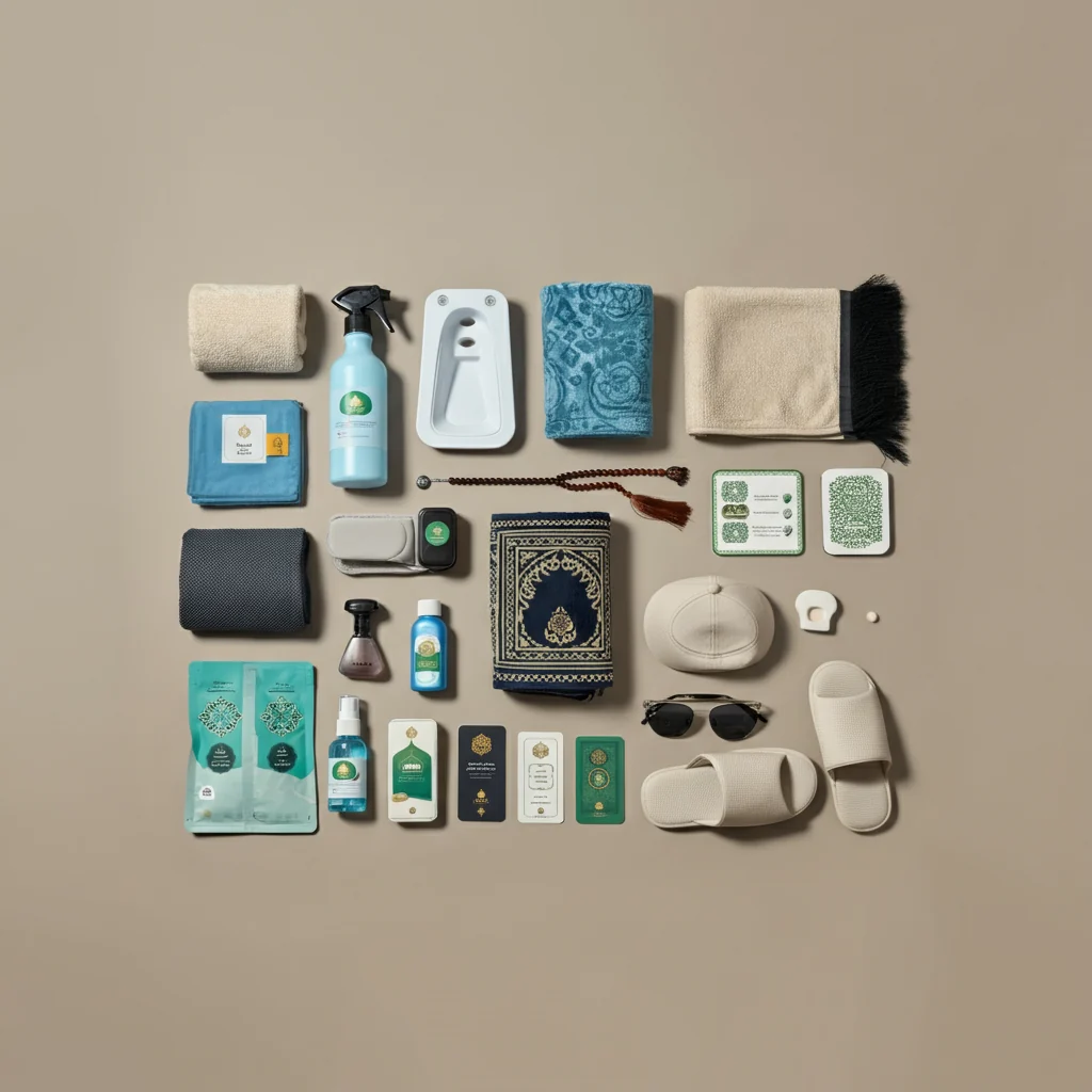 Flat lay of prayer mats, wraps and travel essentials