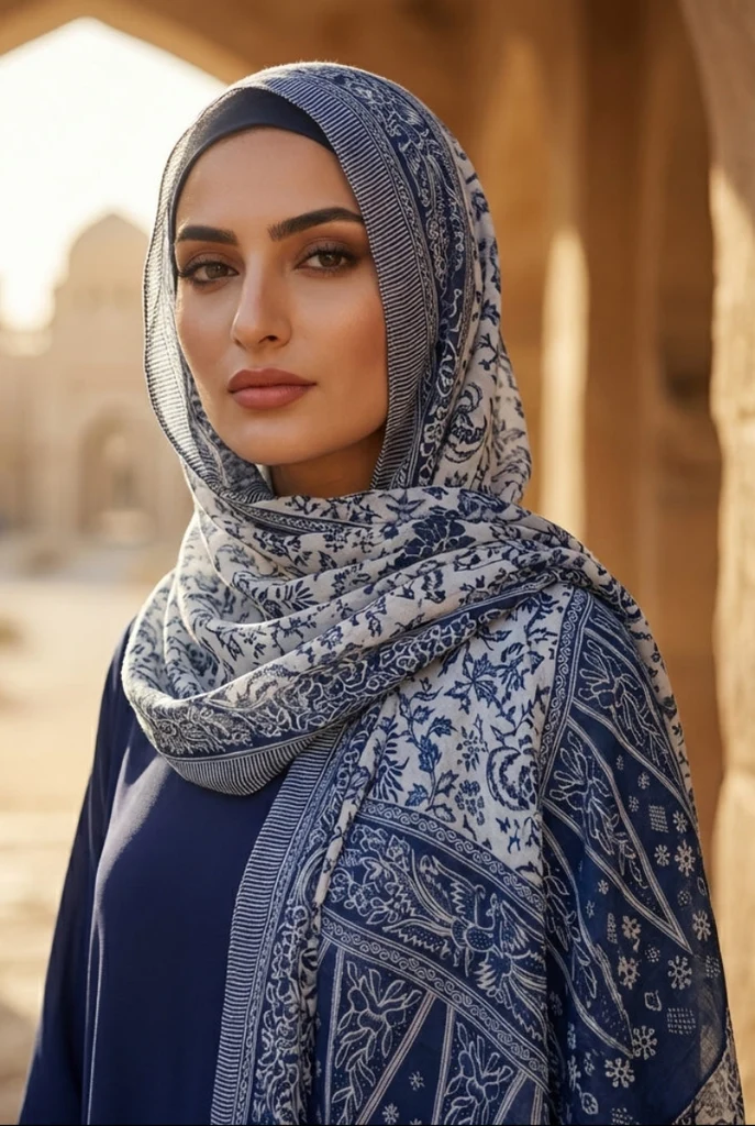 Woman wearing a blue printed hijab