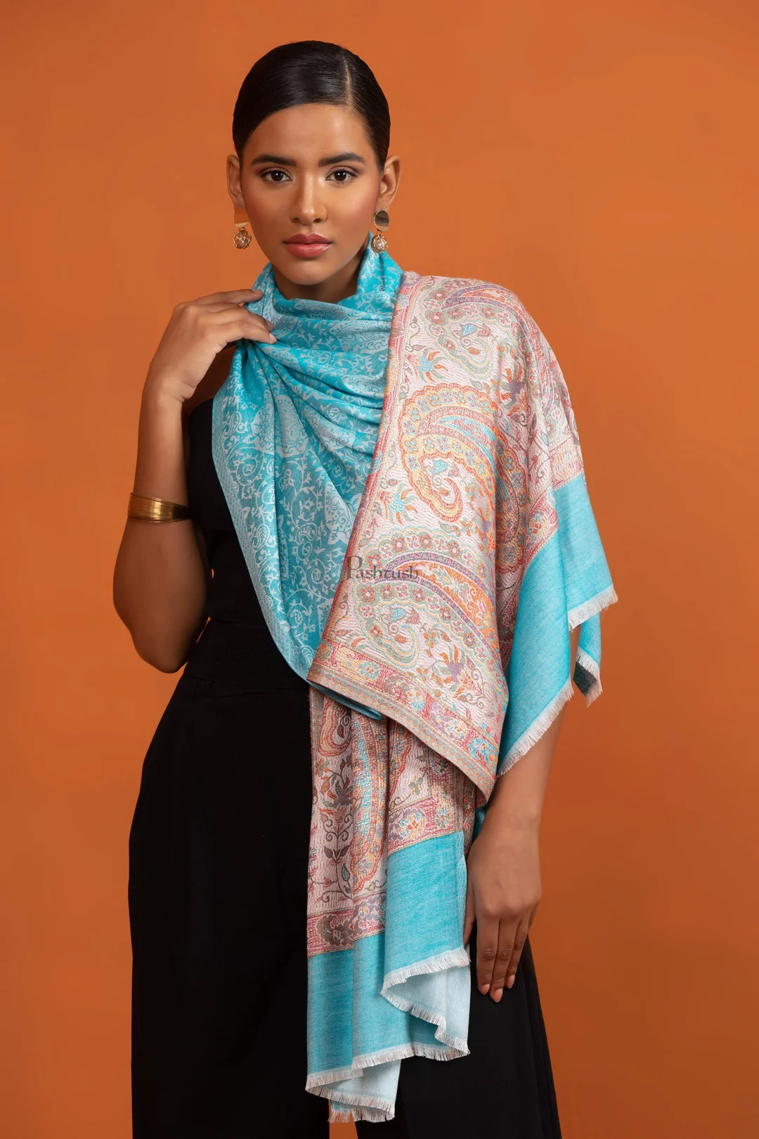 Turquoise paisley wrap styled by a model